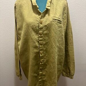 FLAX, Sage Green 100% Linen Button Down Long Sleeve Men's Shirt, Size Large